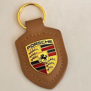 Light Brown PORSCHE STUTTGART HOTROD Leather Crest KeyRing Key Chain